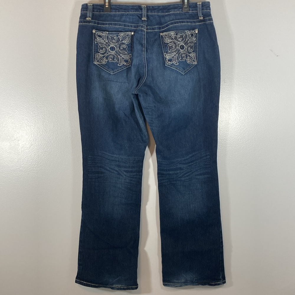 Nine West Women Denim Blue Jeans Sz 16 Bootcut Embellished Pockets Thick Stitch